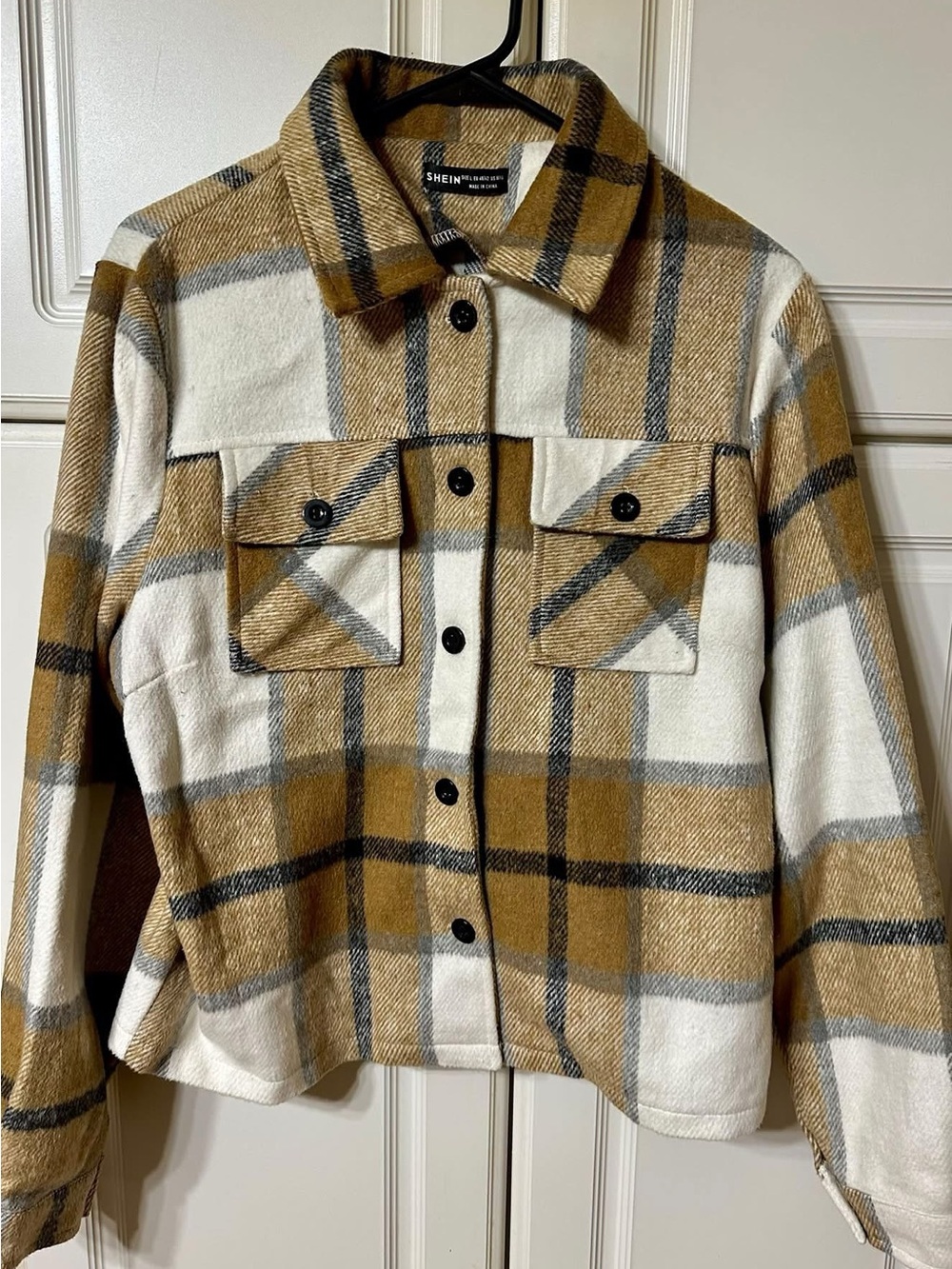 SHEIN Camel and White Plaid Shacket with Button-Front